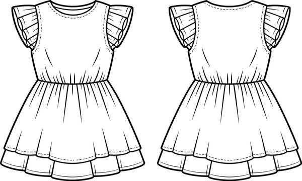 Cute girls ruffle sleeve dress fashion sketch, vector flat illustration showing front and back design, perfect for kidswear CAD design.