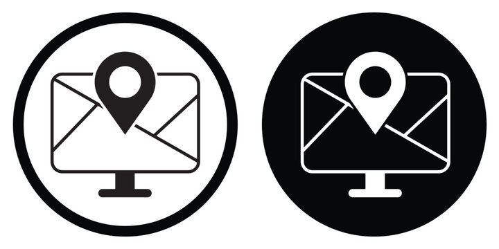 Vector icon of a computer monitor displaying a map and location pin. Concept for digital tracking, GPS navigation, and online delivery status. High-contrast black and white graphic. (189 chars)