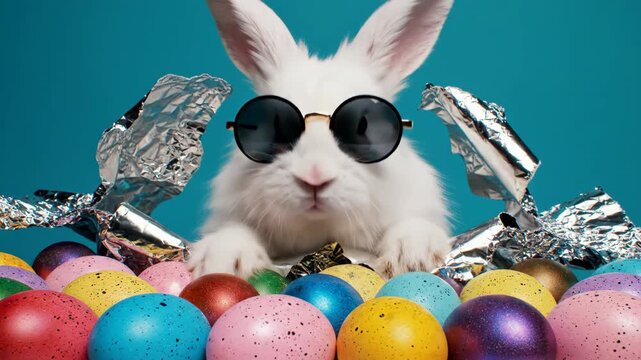 Easter bunny wearing sunglasses with vibrant speckled eggs