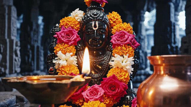 Decorative Vishnu idol adorned with vibrant flowers and lit diya during Ekadashi Vrata ritual in a traditional temple setting