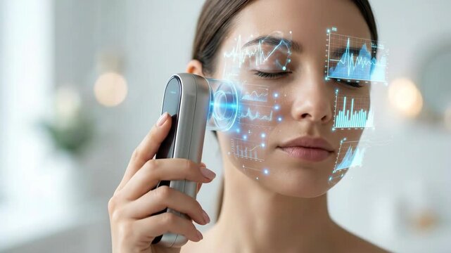 Young woman using innovative facial device with augmented reality display showing skin data. Smart skincare technology analysis concept.	
