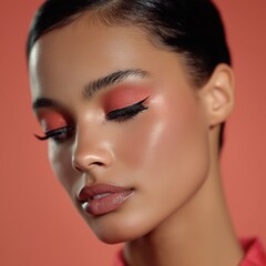 Close portrait with coral eye makeup