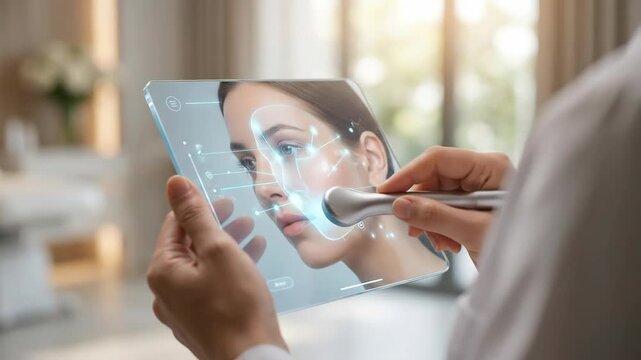 Young woman using innovative facial device with augmented reality display showing skin data. Smart skincare technology analysis concept.	
