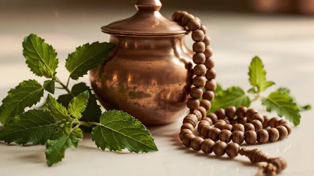 Traditional Copper Water Container with Rudraksha Beads and Fresh Green Leaves for Vishnu Nirjala Ekadashi Rituals