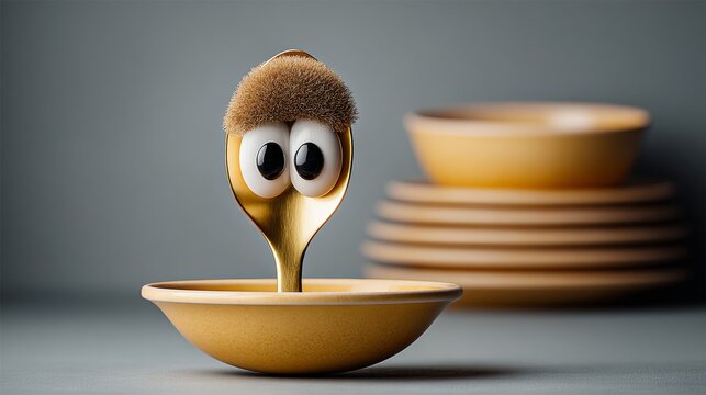 Golden spoon transformed into a whimsical character with a brown toupee and animated eyes, sitting in a yellow bowl, with stacked bowls in the background