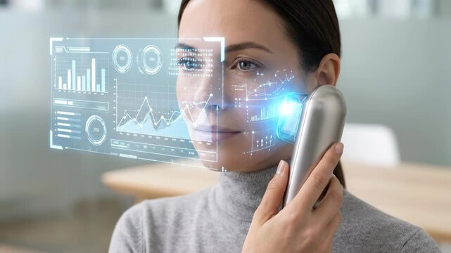 Young woman using innovative facial device with augmented reality display showing skin data. Smart skincare technology analysis concept.	
