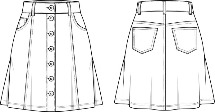 Button front A-line skirt technical drawing with waistband, belt loops, front and back pockets, cad drawing flat vector illustration