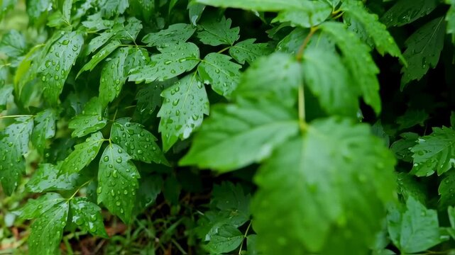 Close-up of lush green leaves covered in water droplets