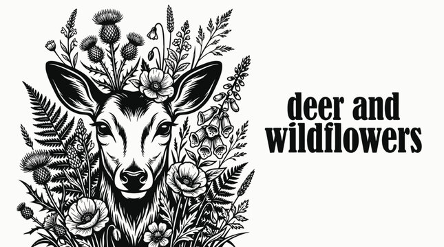 deer face merged with wildflower floral arrangement in graceful ornamental tattoo design illustration presenting artistic mystical nature symbol aesthetic decorative ink concept