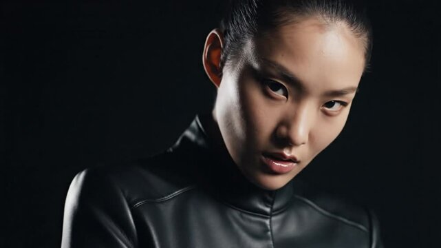 Focused Portrait of a Woman with Elegant Features Posing in Front of a Dark Background Wearing a Leather Jacket