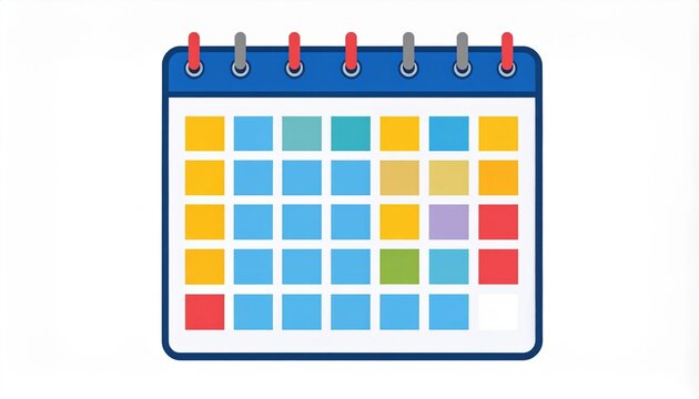 Flat design calendar illustration showing a grid of colorful squares representing days, with a blue header and red fasteners