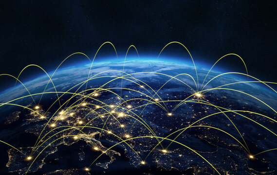 Digital connections around the world. Earth at night with network lines, global communication, data transfer, internet connectivity. International flights and airlines. Nightly Earth planet. Europe. 