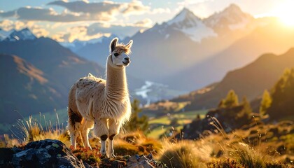 Naklejka premium Majestic Llama Standing Proudly in a Scenic Mountain Landscape at Sunrise.