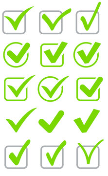 comprehensive set of green checkmark icons in varied styles, representing validation, success, and positive actions in digital media.