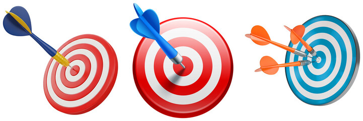 three realistic 3d rendered dartboards with arrows hitting the bullseye, representing precision and accuracy in sports. © Akbar