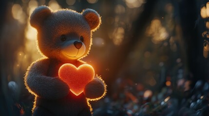 Teddy bear holds glowing heart in forest at sunrise