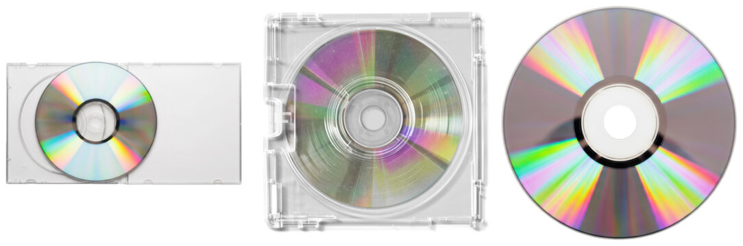 set of three compact discs (cds) showing colorful rainbow reflections, including one in a clear jewel case, isolated on transparent background.