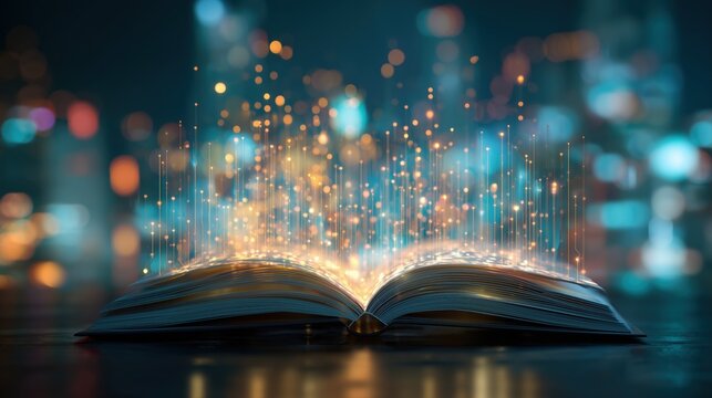 Open book with pages glowing and circuit patterns emerging from its edges, set against an abstract background of digital data streams and lights.