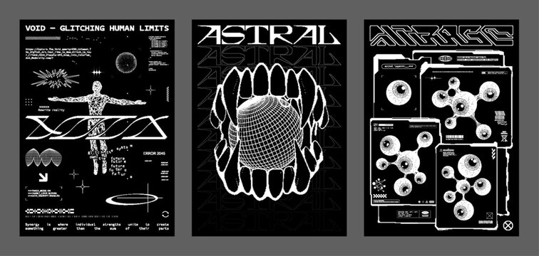 Sci-fi Darkness Posters in Brutalism bitmap style. Cyberpunk pixel arts with wireframe, HUD, Suitable for typography, t-shirt prints, and streetwear. Brutalism, cyberpunk style. Vector posters