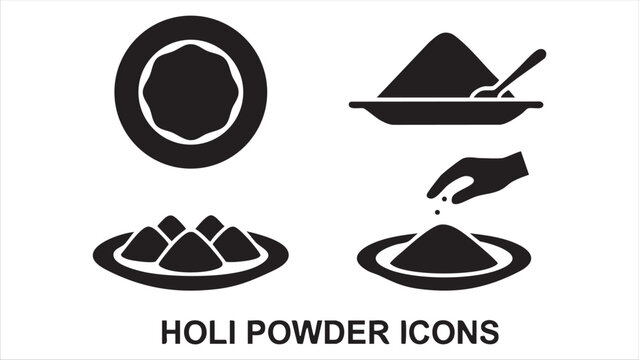 Holi powder icons collection featuring plates with colorful gulal and hand throwing pigments