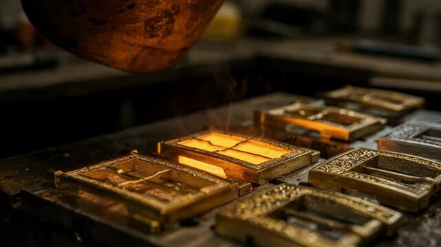 Molten brass poured into detailed buckle molds capturing the glowing metal as it solidifies into intricate hardware components with a warm golden hue and textured finish.