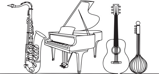 One continuous line musical Instruments. Orchestra saxophone, grand piano, acoustic guitar and sitar. Jazz music isolated vector set.one line icon illustration with white background