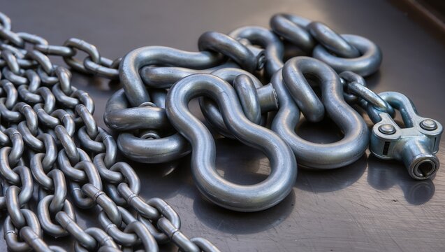 Close up of heavy steel chains with mechanical locking connector used in rigging and lifting works. Industrial metal hardware for construction and rolled steel handling