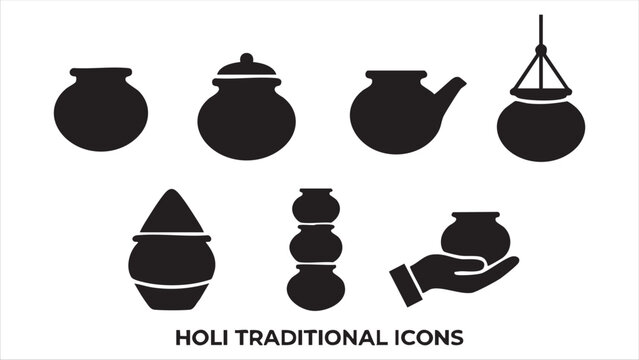 Set of black silhouette holi traditional icons including various styles of clay pots and earthen vessels