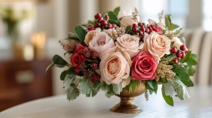 Obraz premium Decorative rose bouquet with green leaf and red berry arranged in a gold vase. Elegant flower arrangement for celebration.