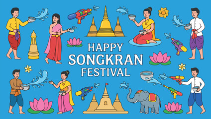 Obraz premium Traditional Thai Songkran Festival Illustration with People Splashing Water and Pagodas