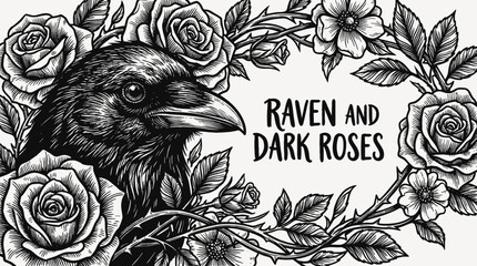 Obraz premium raven face fused with dark rose floral composition in gothic ornamental tattoo design illustration representing artistic mystical nature symbol aesthetic decorative ink concept black and white