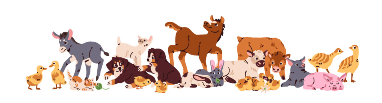 Cute babies of farm animals stand together. Group of funny livestock and pets: chicken, calves, puppies, lamb, kitten and piglets play and have fun. Flat isolated vector illustration on white