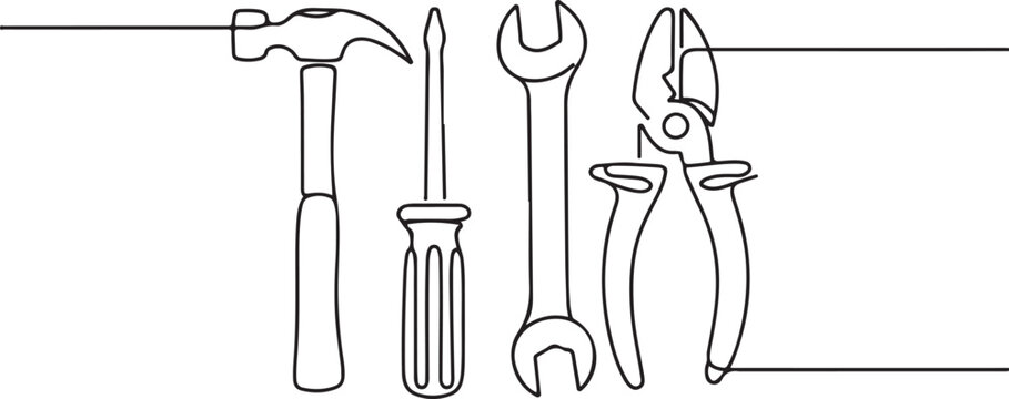 Repair tools one line set. Fixing things line art set.one line icon illustration with white background