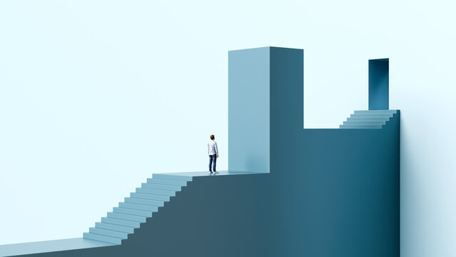 Man standing on path with stairs leading to a door looking at a high barrier blocking him representing business obstacles, 3d render