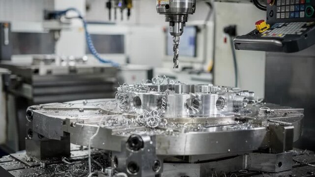 Medium shot of vertical milling machine threading large diameter flange bolt circles with precision cutting tool in industrial manufacturing setting.