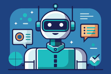 Modern flat vector illustration of an AI chatbot system, showing conversational interface, customer support, and virtual assistant.