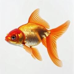 Golden Fish with Red Head and Orange Fins Swimming on White Background
