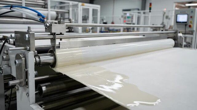 Medium shot of knifeoverroll coating line applying a waterproof layer on technical fabric showcasing precision machinery and wet coating process.