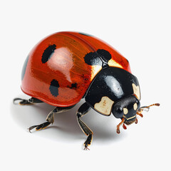 Red Ladybug with Black Spots on White Background, Macro Photography