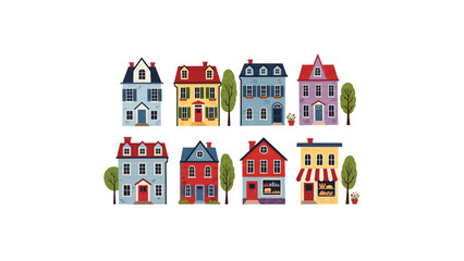 A colorful illustration of a row of houses with trees on a white background