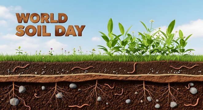 Cross section illustration shows healthy soil layers supporting green plants and earthworms under a blue sky for World Soil Day.
