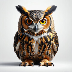 Majestic Great Horned Owl with Piercing Orange Eyes on White Background