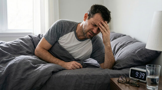 Headache stress man pain holding head in bed morning discomfort tired adult bedroom