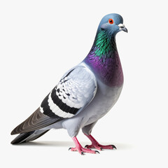 City Pigeon with Iridescent Neck Feathers, Standing on White