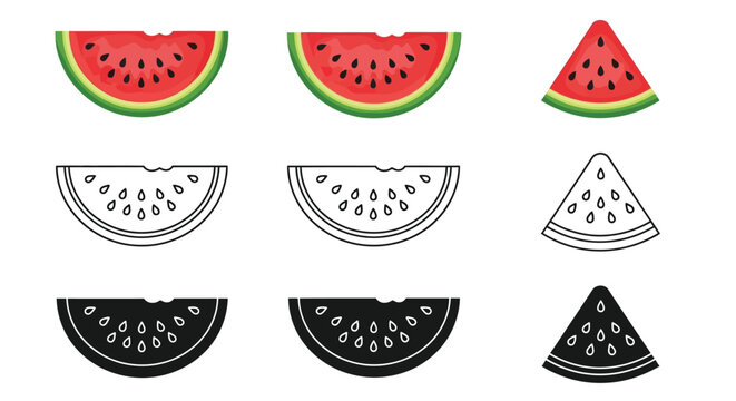 Collection of stylized watermelon slices shown in full color outline and solid black icon variations perfect for summer design.