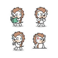 Sad cartoon lion character showing different emotions with bruises and tears