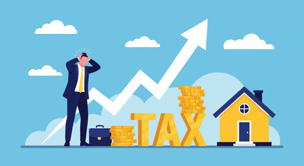 Fototapeta premium Financial Crisis Vector Illustration of Businessman Stressed by Rising Taxes and Economic Downturn