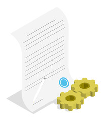 Fototapeta premium Isometric project documentation signed by engineer and plant manager for supply and installation of industrial equipment. Isolated cartoon vector concept on white background top view