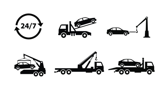 Collection of black and white tow truck icons illustrating various roadside assistance and vehicle recovery services available twenty four hours a day