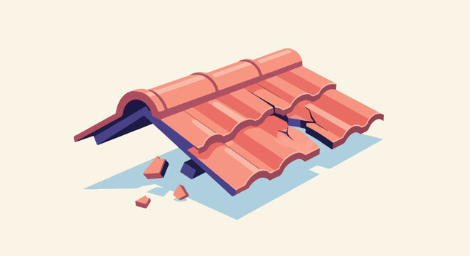 A broken terracotta roof section with supporting beams and debris